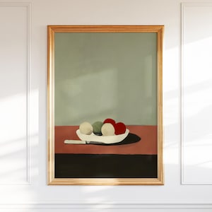 Moderne Stillleben-Küchen-Wandkunst - minimalistisches Obstschalen-Poster, erdige Grafik für Esszimmer, Japandi-Stil digitaler Download