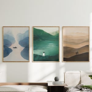 Juego de 3 láminas de paisajes, tríptico de montaña, verde, azul y beige, decoración con un aire melancólico y tranquilo (descarga digital)