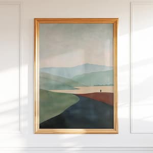 Impresión artística de paisaje minimalista, decoración de pared de naturaleza abstracta zen, póster de río y colinas en calma, obra de arte en tonos tierra serenos, escena meditativa