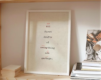 FRAMED The First Draft Of Anything Is Shit Quote Print Typewriter Wall Art Funny Writer Poster Author Office Home Library Bookshelf Decor
