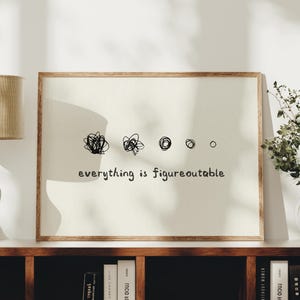 Puede incluir: Una impresión de arte mural rectangular en un marco de madera con un fondo color crema, ilustraciones en tinta negra de cinco círculos que progresan de un garabato denso a un contorno simple, y el texto "everything is figureoutable".