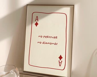 No Pressure No Diamonds Quote Print Playing Card Line Art Wall Decor Red Typography Motivational Office Game Room Sign Digital Download