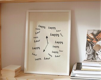 FRAMED Happy Hour Clock Quote Print Hand Drawn Typography Wall Art Fun Poster Home Bar Cart Kitchen Dining Room Party Decor Sign