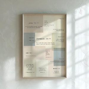 May include: Framed print featuring Bible verses in a collage design. The artwork includes text from John 13:7, Jeremiah 29:11, and other scriptures, set against a backdrop of muted pastel colors. The frame is a neutral silver.
