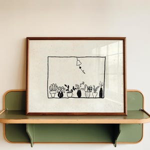 Plant Shelf Print Window Ledge Art Minimalist Botanical Line Drawing Cozy Corner Decor Zen Scandi Entryway Poster Digital Download