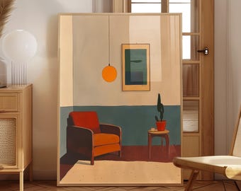 Cozy Corner Print Mid Century Modern Wall Art Minimalist Interior Illustration Retro Living Room Decor Reading Nook Digital Download