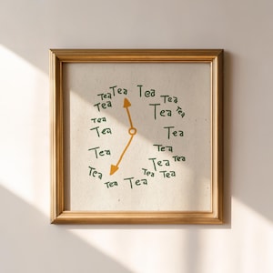 Tea Clock Print Green Kitchen Wall Art Tea Corner Decor Square Printable Digital Download