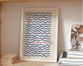 FRAMED Happiness Comes In Waves Quote Print Hand Drawn Wave Line Art Wall Art Blue Poster Nautical Coastal Bathroom Bedroom Decor
