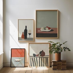 キッチンウォールアートセット 4点セット 食品静物画プリント ダイニングルームとコーヒーバー用 温かみのある装飾 印刷可能 デジタルダウンロード