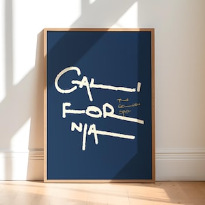 Póster del estado de California: arte mural con tipografía manuscrita, impresión caligráfica minimalista, descarga digital moderna, decoración del hogar en California