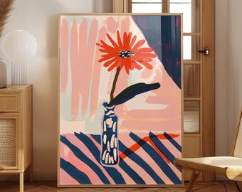 Abstract Flower Print Orange Daisy Poster Modern Boho Botanical Wall Art Colorful Living Room Decor Minimalist Sign Digital Download