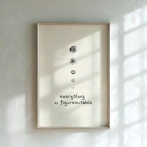 May include: A framed wall art print featuring a vertical sequence of five black ink scribbles that transition from a dense tangle to a small circle, with the text "everything is figureoutable" printed in black below the graphic design.