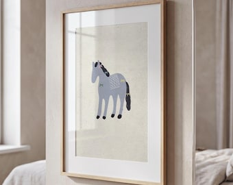 Art mural cheval coloré pour enfants, impression animalière minimaliste, décoration de chambre d'enfant, illustration de chambre à coucher japonaise, poney, téléchargement numérique, cadeau du nouvel an lunaire