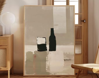 Può includere: Stampa artistica astratta raffigurante una bottiglia di vino nera e un bicchiere con un design bianco e nero. L'opera d'arte è ambientata su uno sfondo neutro con toni beige e bianco, incorniciata in una cornice di legno chiaro.