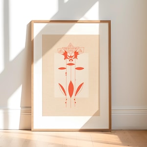 Red Floral Wall Art, Abstract Minimal Print, Folk Art Style, Botanical Poster, Modern Boho Decor, Nature Inspired Design, Digital Download