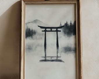 Torii in the Misty Mountains - Printable Wall Art, Minimalist Japanese Landscape, Black and White Digital Download