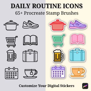 以下が含まれることがあります： 「DAILY ROUTINE ICONS」と「65+ Procreate Stamp Brushes」のテキストが入ったデジタルステッカーセット。鍋、靴、ショッピングカート、本、ビールジョッキ、スーツケース、カレンダー、ティーカップのアイコンが特徴です。