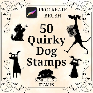Pode incluir: Carimbos de arte digital para Procreate com 50 ilustrações de cães peculiares. A imagem apresenta silhuetas de cães pretos em várias poses, juntamente com o texto "50 Quirky Dog Stamps" e "Simple Ink Stamps".