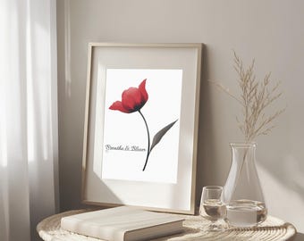 Printable Wall Art, Minimalist Floral Digital Download, Red Tulip Art Print, Breathe & Bloom