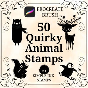Op de afbeelding: Digitale afbeelding voor Procreate-penselen, met 50 eigenzinnige dierenstempels. De zwart-wit illustraties omvatten een beer, hert, eekhoorn en andere grillige wezens. De tekst luidt "Procreate Brush" en "Simple Ink Stamps."