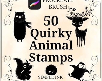 Quirky Animal Stamps for Procreate, 50 Digital Brushes, Silhouette Stamp Set