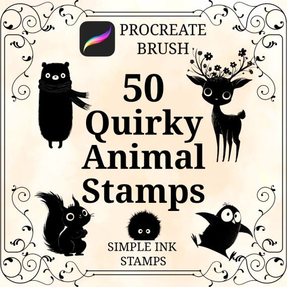 Quirky Animal Stamps for Procreate, 50 Digital Brushes, Silhouette Stamp Set