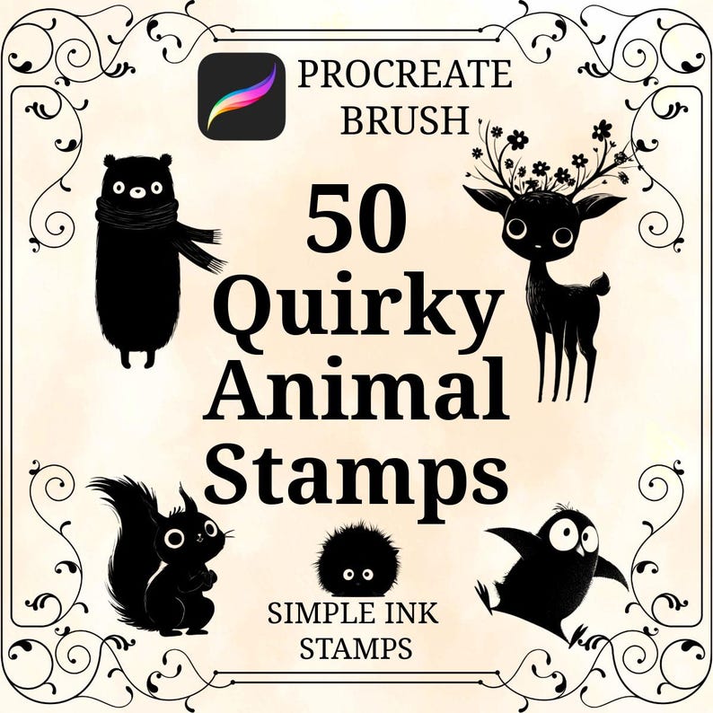 Op de afbeelding: Digitale afbeelding voor Procreate-penselen, met 50 eigenzinnige dierenstempels. De zwart-wit illustraties omvatten een beer, hert, eekhoorn en andere grillige wezens. De tekst luidt "Procreate Brush" en "Simple Ink Stamps."