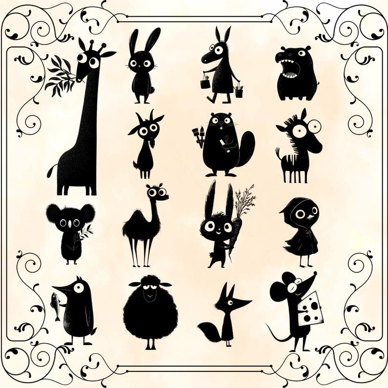 Op de afbeelding: Een verzameling grillige, zwarte silhouetdierillustraties op een cr&egrave;mekleurige achtergrond. De dieren omvatten een giraffe, konijn, ezel, nijlpaard, zebra, koala, kameel, bever, konijn en een figuur met capuchon. Decoratieve krullen omlijsten de afbeelding.