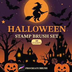 Procreate Halloween stempelpenselen – 80 griezelige motieven, waaronder pompoenen, heksen, vleermuizen, kastelen, spoken en meer | Halloween stempelset