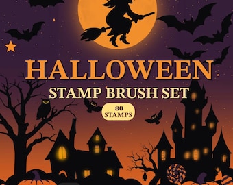 Procreate Halloween Stamp Brushes – 80 Spooky Motifs including Pumpkins, Witches, Bats, Castles, Ghosts and More | Halloween Stamps Set