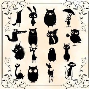 Op de afbeelding: Een verzameling grillige zwarte dierensilhouetten, waaronder een wolf, een konijn, een varken, een krokodil, een beer, een stinkdier, een uil, een egel, een hert, een pingu&iuml;n, een lama en een aap. Cartoonachtige illustraties.