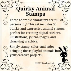 Op de afbeelding: Een beige afbeelding met de titel "Quirky Animal Stamps". De tekst beschrijft een set van 50 eigenzinnige dierenstempels voor digitale stickers, illustraties en dagboekpagina's. Een zwart cartoonkonijn staat in de rechter benedenhoek.