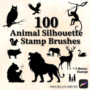 Procreate Animal Silhouette Stamp Brush Set 100 Wildlife, Pets & Farm Animals for Illustrations, Clipart, Logos, Tattoos | Animal Stamp Set