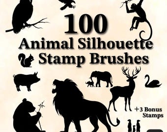 Procreate Animal Silhouette Stamp Brush Set 100 Wildlife, Pets & Farm Animals for Illustrations, Clipart, Logos, Tattoos | Animal Stamp Set