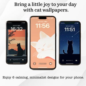 以下が含まれることがあります： 猫をテーマにした壁紙を表示する3台のスマートフォン。スマートフォンには、黒い猫のシルエット、眠っている白い猫、星空の下の猫のシルエットが表示されます。テキストには「猫の壁紙であなたの毎日に少しの喜びを」と「6つの落ち着いたミニマリストデザインをお楽しみください」と書かれています。
