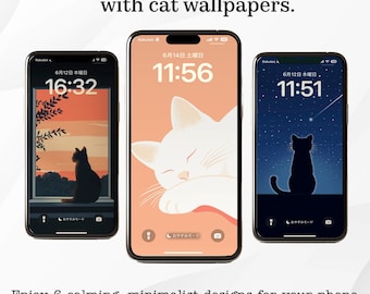 Hand-Drawn Cat Wallpaper Set for Phone – 6 Minimalist Illustrations (1600x3200px, 300DPI)