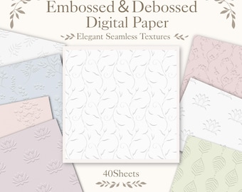 Embossed & Debossed Digital Paper Bundle, 40 Seamless Botanical Textures, Floral Leaf Patterns, Scrapbook Wedding Planner Backgrounds
