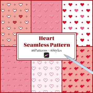 以下が含まれることがあります： 赤とピンクの色合いで、6つの異なるハートをテーマにしたシームレスパターンを特徴とするデジタルアートグラフィック。パターンには、ドット付きのハート、エンボス加工のハート、アウトラインのハートが含まれます。画像には「Heart Seamless Pattern」と「16 Patterns x 6 Styles」というテキストが含まれています。