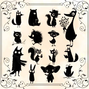 Op de afbeelding: Een verzameling grillige zwarte silhouet illustraties van verschillende dieren, waaronder een vos, een beer, een eekhoorn, een uil, een egel, een eend, een kat, een konijn, een olifant en een kikker. Sommige dieren houden voorwerpen vast.