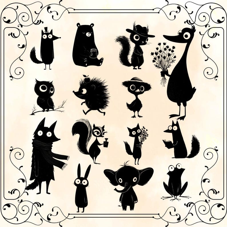 Op de afbeelding: Een verzameling grillige zwarte silhouet illustraties van verschillende dieren, waaronder een vos, een beer, een eekhoorn, een uil, een egel, een eend, een kat, een konijn, een olifant en een kikker. Sommige dieren houden voorwerpen vast.