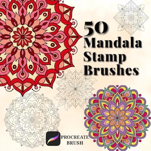 以下が含まれることがあります： 50個のマンダラスタンプブラシを示す画像。赤、ピンク、黄色、紫、緑など、カラフルで詳細なマンダラデザインがいくつか表示されています。Procreate Brushのロゴが右下に表示されています。