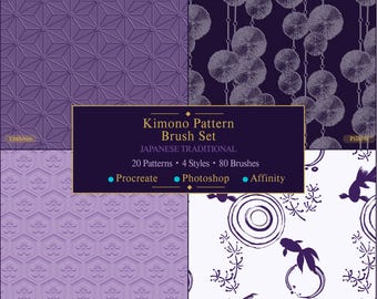 Procreate,Photoshop,Affinity | Kimono Pattern Texture Brushes  | 80 Brushes 4 Styles, Emboss Deboss Flat Pillow, Japanese Seamless Pattern