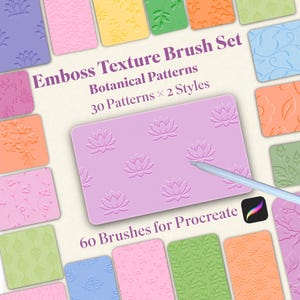 May include: A set of colorful rectangular emboss texture brushes with botanical patterns. The set includes 60 brushes for Procreate, with 30 patterns in 2 styles. The image features a light purple brush with lotus flower designs.