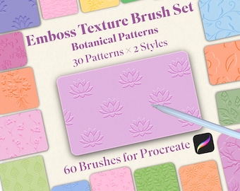 Seamless Procreate Emboss Brushes, 60 Botanical Pattern Stamps, Floral & Leaf Texture Brushes for Digital Planners, Wedding Design Kit