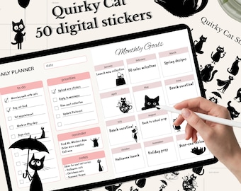 Quirky Cat Stickers for Digital Planners, 50 PNG Files, Black Silhouette Sticker Set