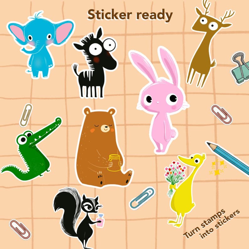 Op de afbeelding: Een verzameling kleurrijke cartoon dierenstickers, waaronder een blauwe olifant, een zwart zebra, een roze konijn, een bruine beer, een groene alligator, een gele eend en een zwart stinkdier. De tekst "Sticker ready" en "Turn stamps into stickers" is zichtbaar.
