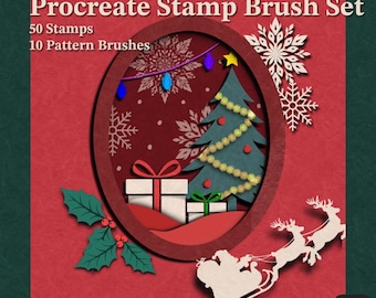 Christmas Procreate Stamp Brushes – 60 Festive Motifs: Trees, Santa, Snowflakes, Ornaments & Pattern Borders | Holiday Brush Set