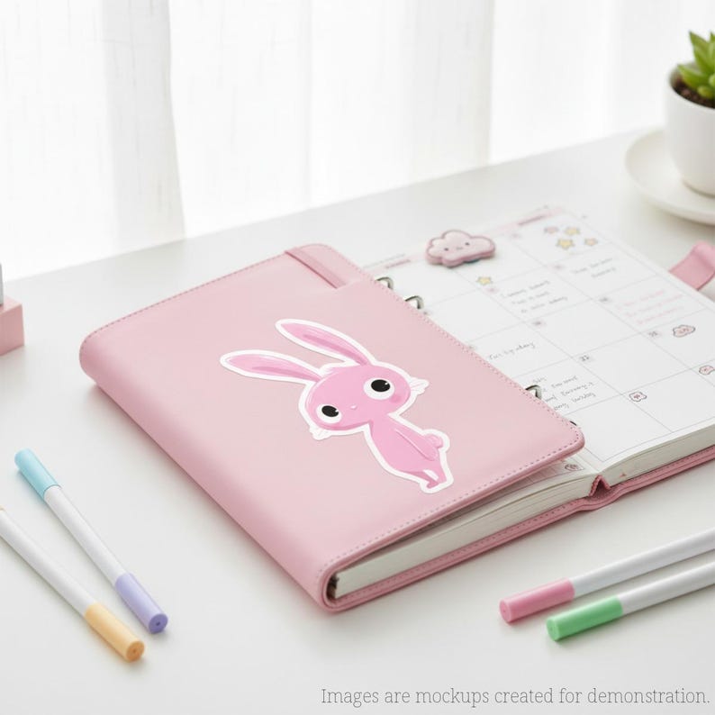 Op de afbeelding: Een roze leren planner met een cartoon konijn sticker. De planner is open op een kalenderpagina, met kleurrijke pennen in de buurt. Een wolk-vormige magneet is ook zichtbaar.