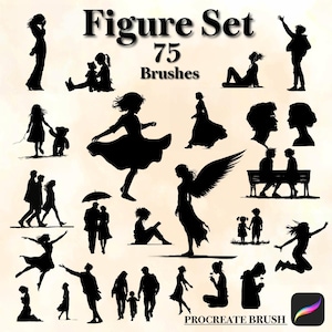 Pode incluir: Um conjunto de 75 pincéis de figuras de silhueta preta para Procreate. A imagem mostra várias figuras, incluindo pessoas andando, dançando e interagindo, com o texto "Figure Set" e "75 Brushes".