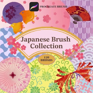 Può includere: Grafica di arte digitale con una Japanese Brush Collection con 120 pennelli. Il design include illustrazioni di fiori di ciliegio, ventagli e ombrelli nei toni del rosa, arancione e verde. Il testo "Japanese Brush Collection" è ben visibile.